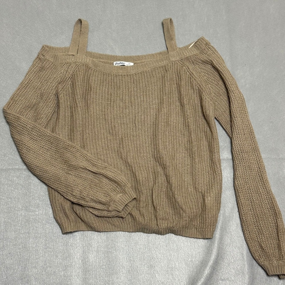 Aster Womens Cold Shoulder Sweater 2X Tan Good Knit Strappy Boho Chic Pullover